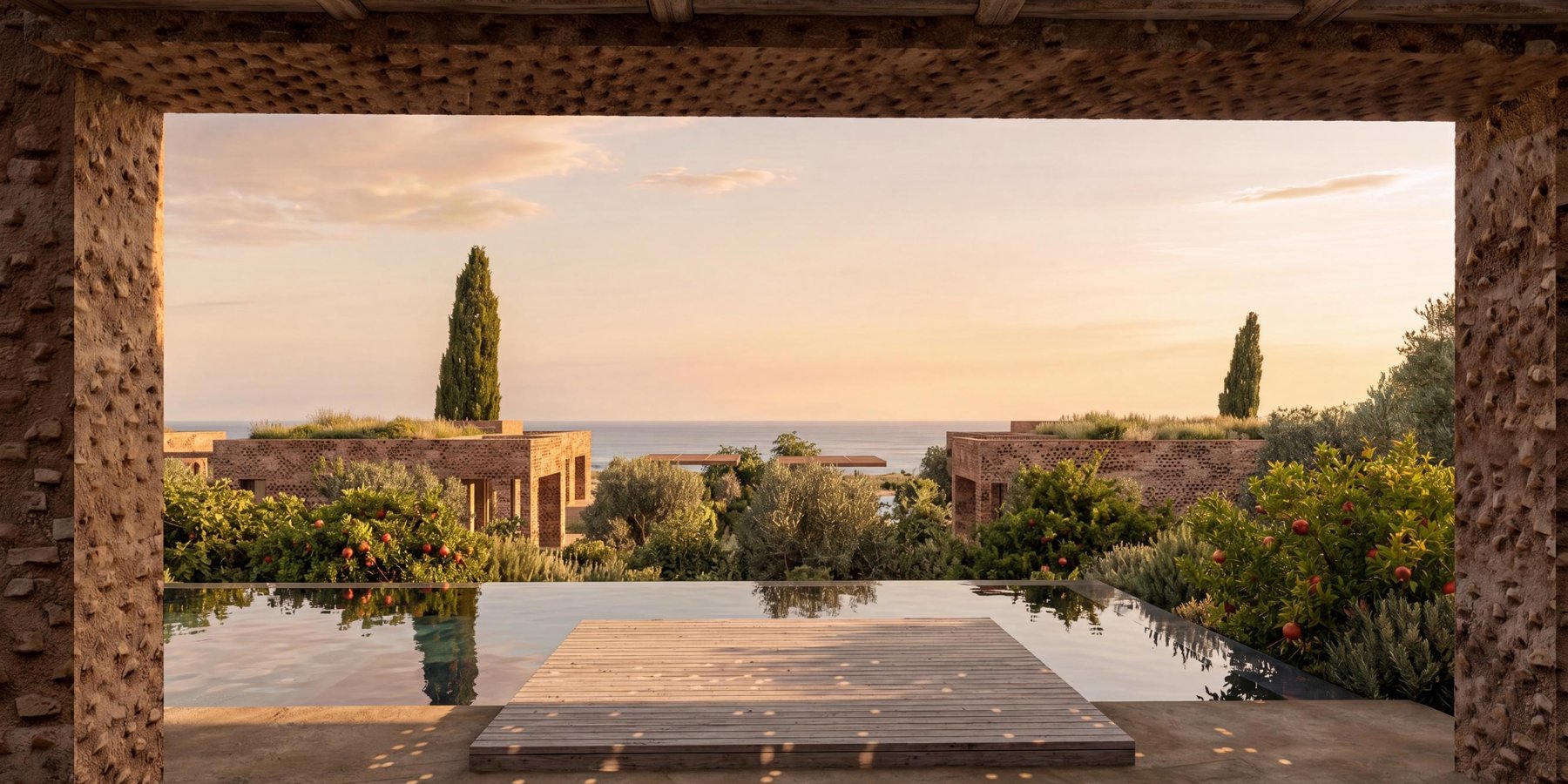 Sunlit pool terrace with a view over the Greek landscape